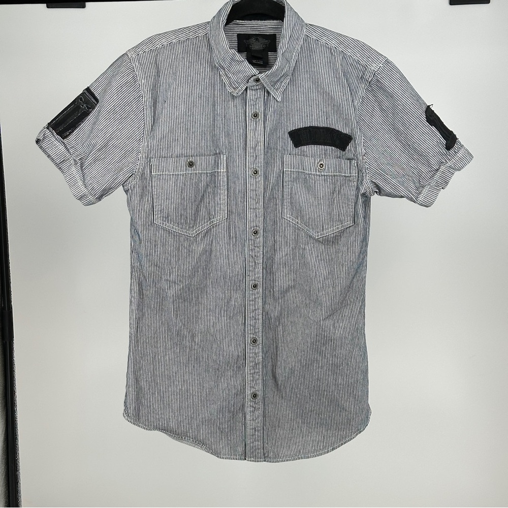 Harley-Davidson Black and White Dobby Striped Cotton Snap front Shirt Patches